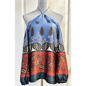 Loft Blue Red Paisley Blouse Peasant Off Shoulder Halter Top Women’s Sz S